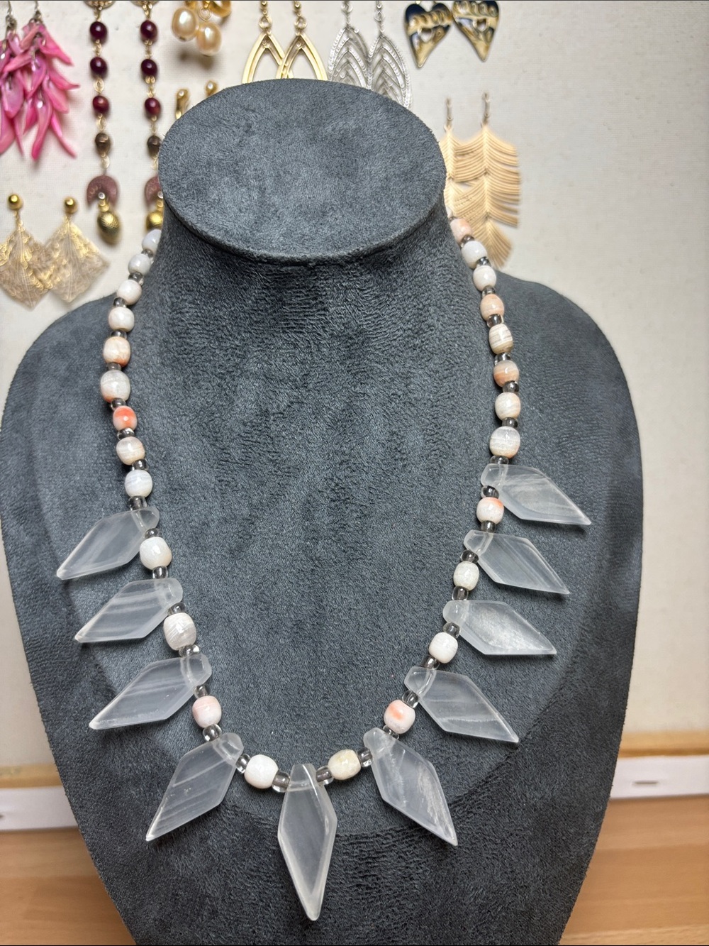 Unique White & Cream shell or stone and glass Beaded Statement Necklace